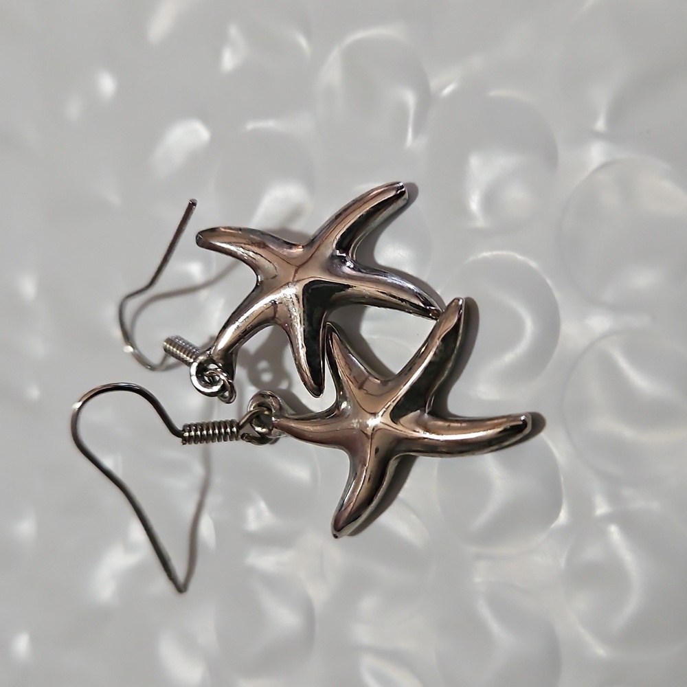 925 Sterling Silver Shiny Starfish Shaped Ladies Dangle‎ Drop Earrings